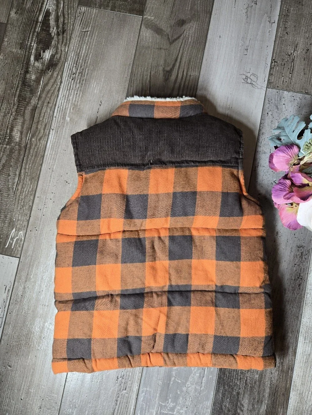 Gymboree Toddler Boy Orange and Brown Buffalo Plaid Puffer Vest Size 2T-3T NWOT